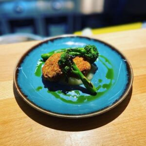 Forage at Wadswick Starter - Crispy Pork & Black Pudding Croquettes with Apple Puree, Charred Sprouting Broccoli and Parsley Oil